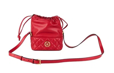 Versace Quilted Leather Drawstring Shoulder Bag Bucket Crossbody Women's Handbag In Red