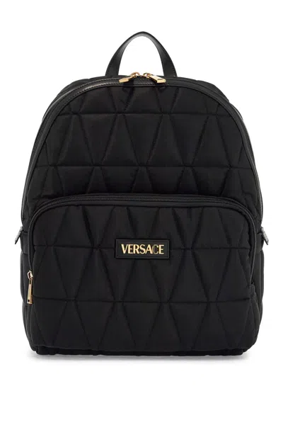 Versace Quilted Nylon Backpack In Black- Gold (black)