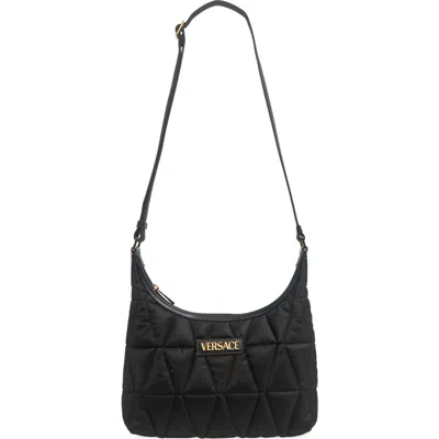 Versace Quilted Nylon Hobo Bag In Black- Gold