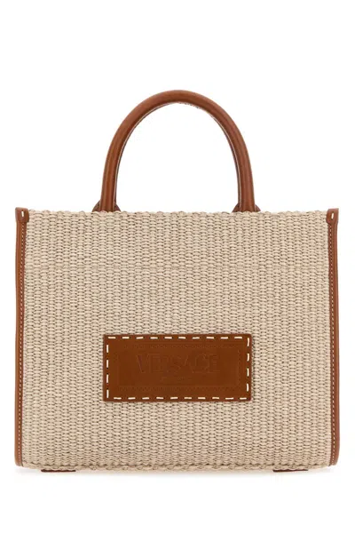 Versace Small Athena Raffia Tote Bag In Brown