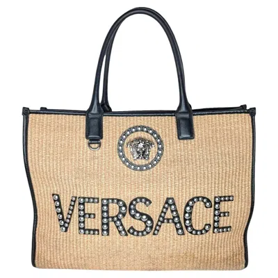 Pre-owned Versace Raffia Studded La Medusa Large Tote In Sand