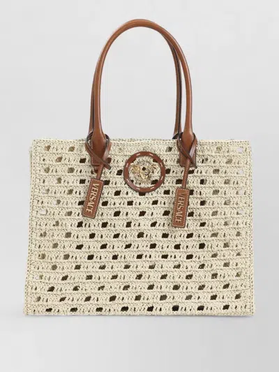 Versace Raffia Tote Bag Dual Handles Leather Trim