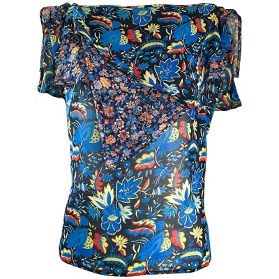 Pre-owned Versace Rare 1970s Gianni  Cold Shoulder Boho Draped Vintage 70s Silk Blouse Top In Blue
