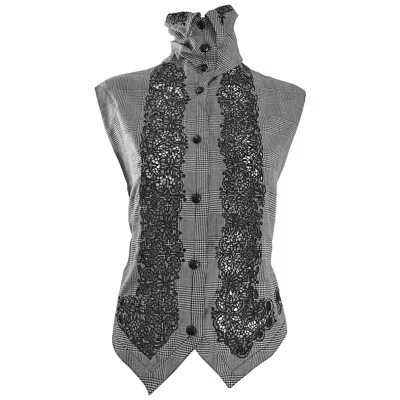 Pre-owned Versace Rare Early Gianni  Black And White Houndstooth Plaid Embroidered Vest Top