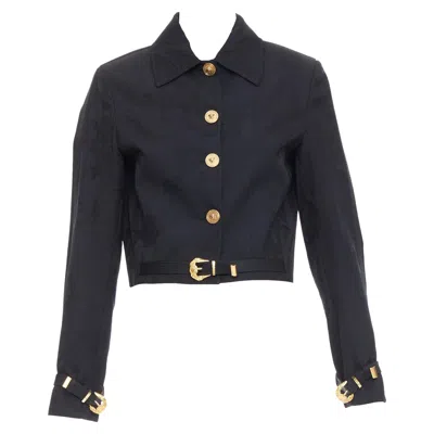 Pre-owned Versace Rare  Black Wool Medusa Jacquard Barocco Buckle Cropped Jacket It38 Xs