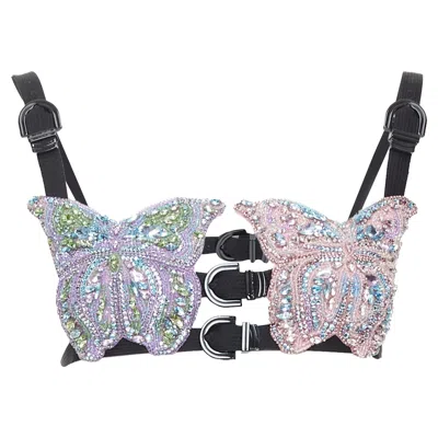 Versace Rare  Dua Lipa 2023 Vacanza Runway Crystal Butterfly Bondage Bra It36 Xxs In Pink