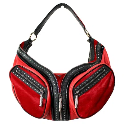Pre-owned Versace Red & Black Cowhide & Leather Studded Repeat Shoulder Bag Circa Y2k