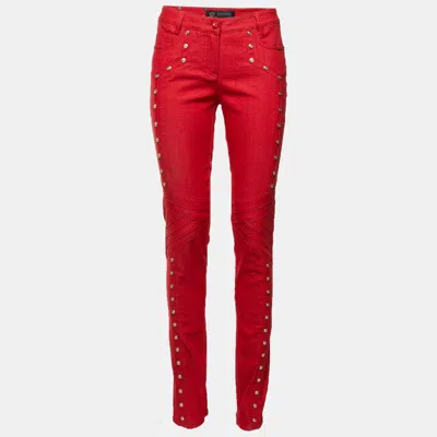 Pre-owned Versace Red Denim Medusa Studded Slim Fit Jeans S/waist 30"