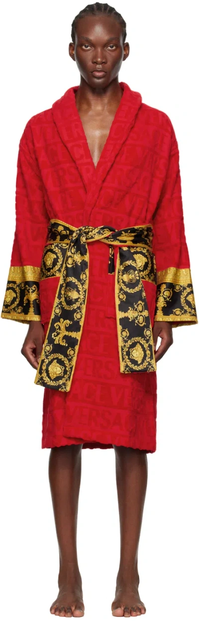 Versace I Love Baroque Logo-jacquard Cotton Bathrobe In Red