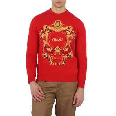 Pre-owned Versace Red Intarsia Knit Jacqurd Sweater, Brand Size 48 (us Size 38)