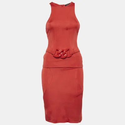 Pre-owned Versace Red Jersey Knit Zip Up Tank Top And Skirt Set S