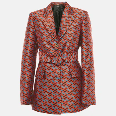 Pre-owned Versace Red La Greca Jacquard Belted Jacket M