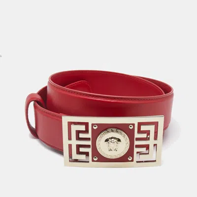 Pre-owned Versace Red Leather Medusa Square Buckle Belt 85cm
