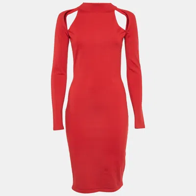 Pre-owned Versace Red Wool Cut-out Sheath Midi Dress M