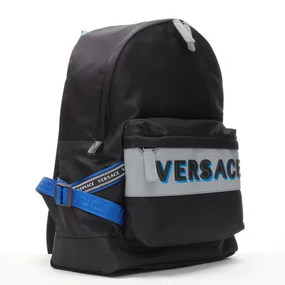 Pre-owned Versace Reflective Logo Black Nylon Blue Greca Nylon Strap Backpack