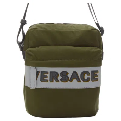 Pre-owned Versace Reflective Logo Green Nylon Greca Strap Crossbody Messenger Bag