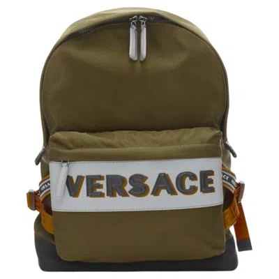 Pre-owned Versace Reflective Logo Green Nylon Orange Greca Strap Backpack