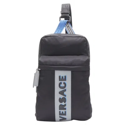 Versace Reflective Logo Nylon Greca Sports Strap Sling Crossbody Bag In Black