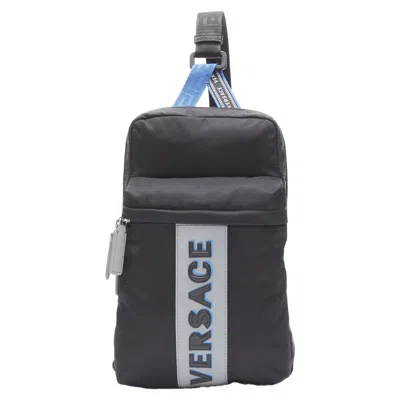 Versace Reflective Logo Nylon Greca Sports Strap Sling Crossbody Bag In Black