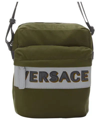 Versace Reflective Logo Nylon Greca Strap Crossbody Messenger Bag In Black