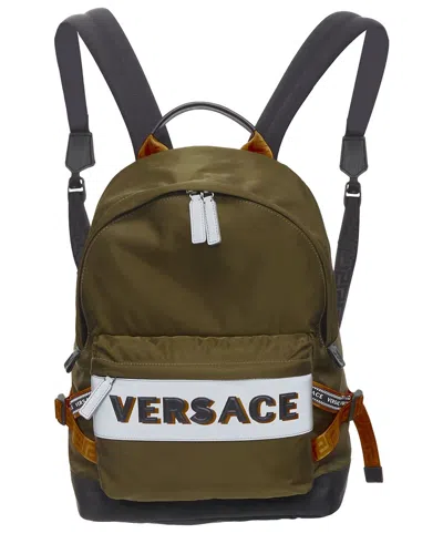 Pre-owned Versace Reflective Logo Nylon Orange Greca Strap Backpack, Never Carried (authentic Pre-loved)