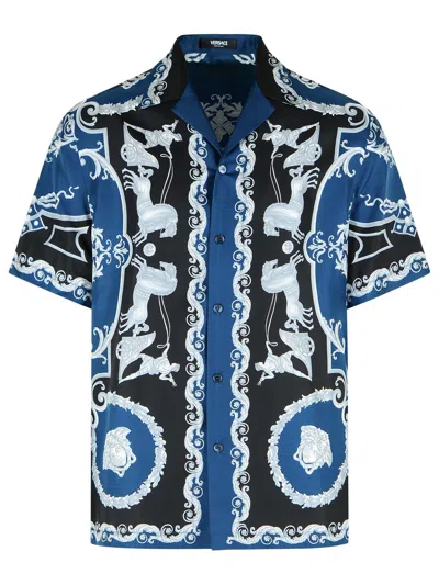 Versace Regular Shirt In Black And Blue Printed Silk Twill
