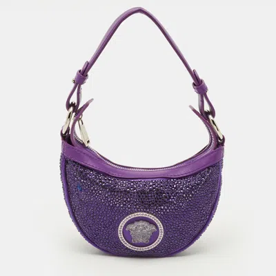 Pre-owned Versace Repeat Crystal Studded Mini Purple Satin Hobo