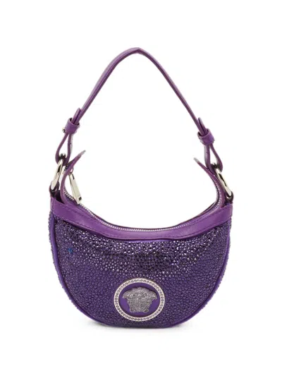 Pre-owned Versace Repeat Crystal-studded Shoulder Bag In Purple