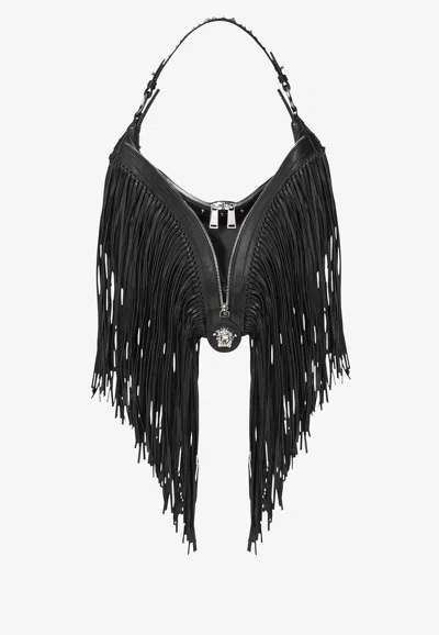 Versace Repeat Fringed Hobo Shoulder Bag In Black