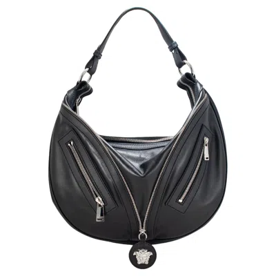 Pre-owned Versace Repeat Hobo Medium Black Leather Silver Hardware Shoulder Bag