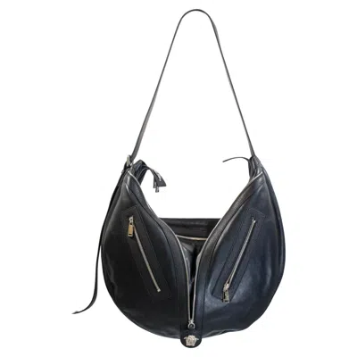 Pre-owned Versace Repeat Large Hobo Black Leather Silver Hardware Shoulder Bag