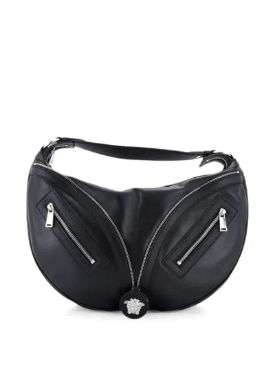 Pre-owned Versace Repeat Leather Large Hobo Bag In Black