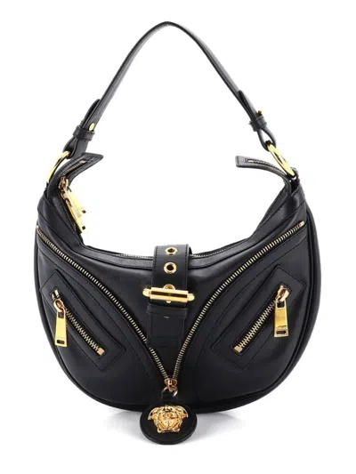 Pre-owned Versace Repeat Leather Small Hobo Bag In Black