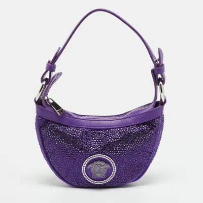 Pre-owned Versace Repeat Medusa Crystal Purple Leather And Satin Hobo