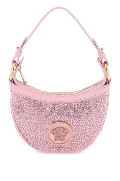 Versace Repeat Mini Hobo Bag With Crystals In Pale Pink  Gold (pink)