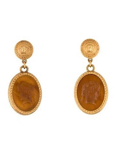 Pre-owned Versace Resin Medusa Cameo Drop Earrings In Yellow