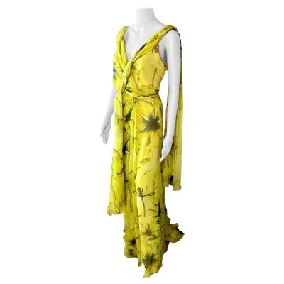 Pre-owned Versace Resort 2008 Plunging Neckline Floral Print Open Back Evening Dress Gown In Yellow