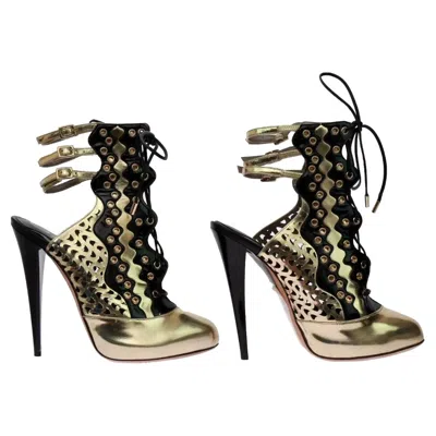 Pre-owned Versace Resort 2012 Gold Perforated Leather Ankle Boots Size 40 (us 10) New In Black