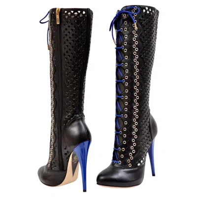 Pre-owned Versace Resort 2012 New  Black Perforated Leather Platform Boots 37 - 7