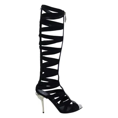 Pre-owned Versace Resort 2015 Look #10  Black Suede Sandal Gladiator Boots With Medusa 38-8