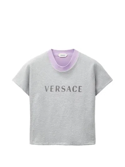 Versace Reversible Logo Print Ribbed-trim Mini T-shirt For Women In Gray