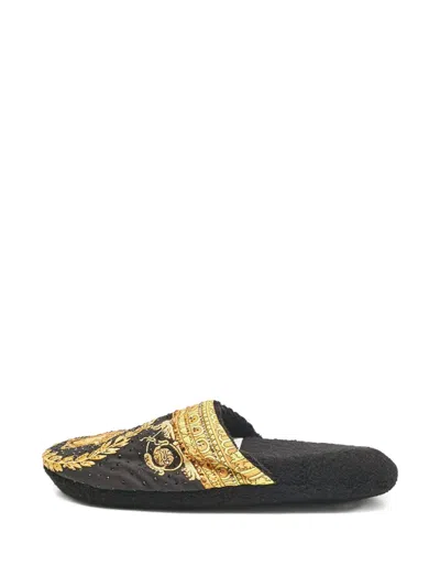 Pre-owned Versace Rhinestone-embellished Baroque-pattern Flat Mules In Black