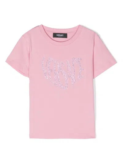 Versace Kids' Rhinestone-embellished Cotton T-shirt In Pink