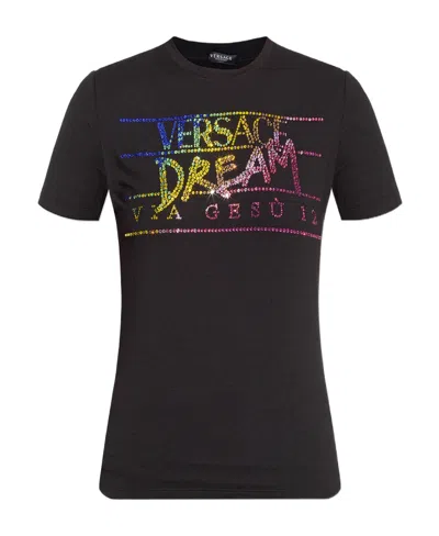 Versace Rhinestone-embellished Slogan T-shirt In Black