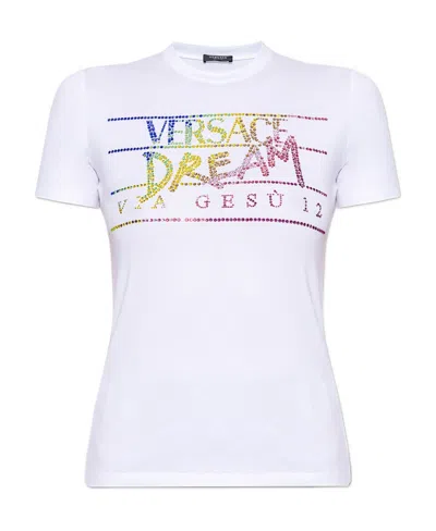 Versace Rhinestone-embellished Slogan T-shirt In White