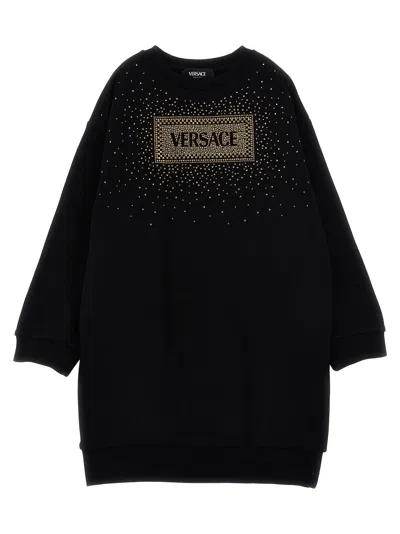 Versace Kids' Logo-rhinestones Sweatshirt Dress In Black