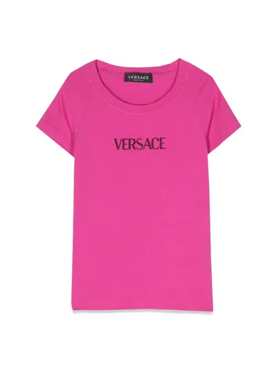 Versace Kids' Rhinestone Logo T-shirt In Fuchsia