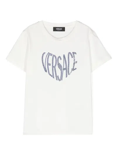 Versace Kids' Rhinestoned Logo-embossed T-shirt In 白色