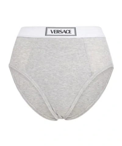 Versace Ribbed Cotton High Rise Briefs In Grey