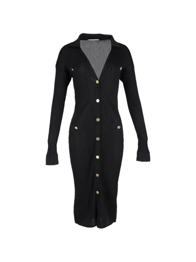 Pre-owned Versace Ribbed Buttoned Midi Dress In Black